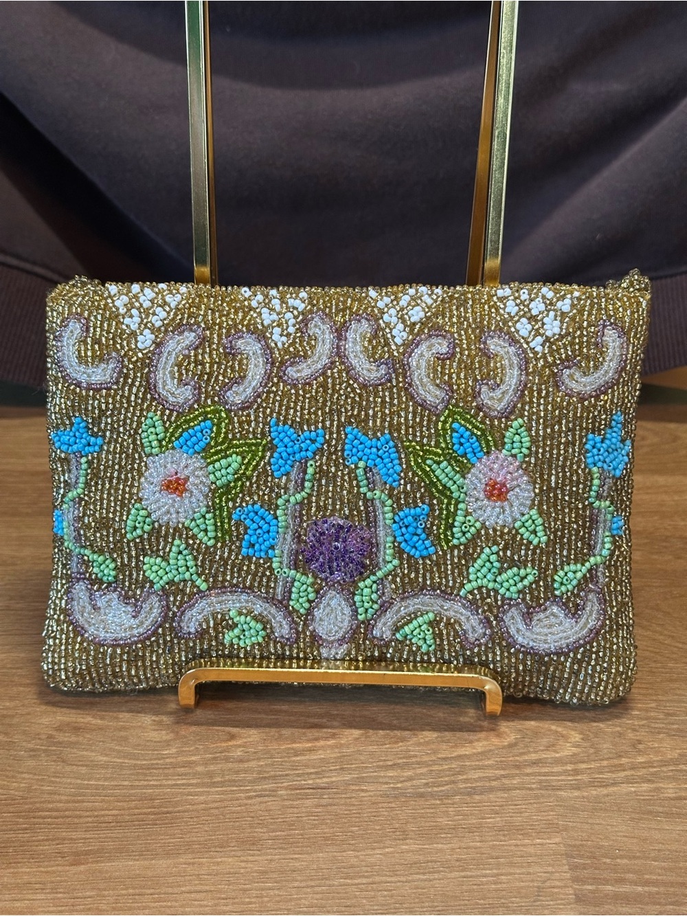 Vintage Christiana Beaded Mini Handbag Floral Gold Turquoise Purse